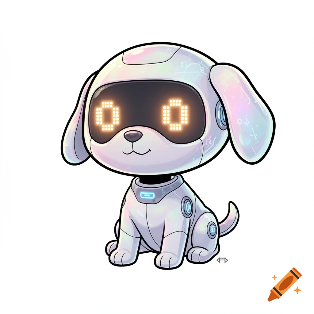 A cute, stylized robot dog character with glowing zero-pattern eyes, iridescent white body, and blue accents, sitting.