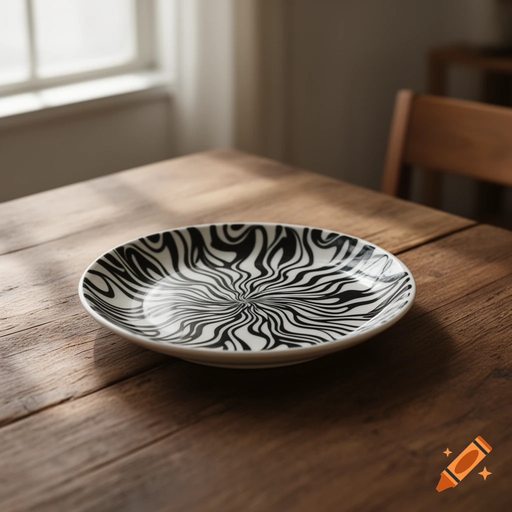 A white plate with a black swirling pattern rests on a rustic wooden table, illuminated by sunlight from a window.