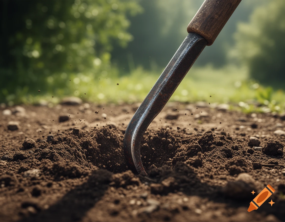 A gardening tool's metal blade digs into rich, dark soil, sending small clumps of dirt flying in a sunlit outdoor scene.