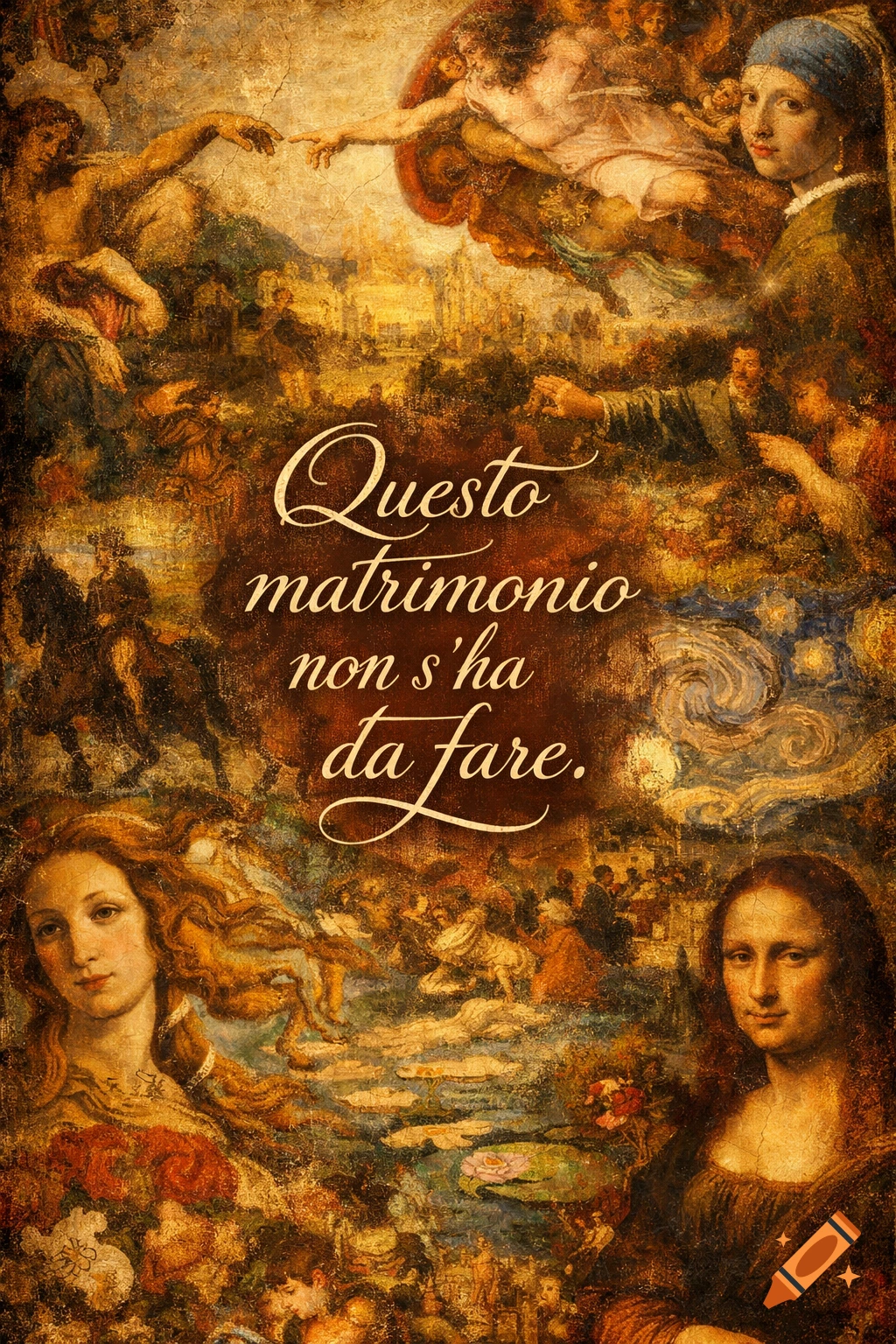 Vintage collage of famous classical paintings including The Creation of Adam and Mona Lisa, with 'Questo matrimonio non s ess_ha da fare' text.