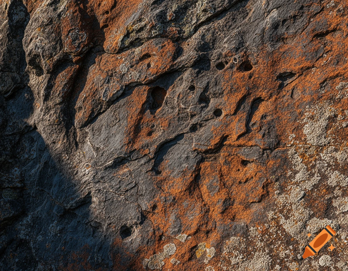 Close-up of a rugged rock face texture with grey stone and patches of vibrant orange and white lichen, illuminated by sunlight.