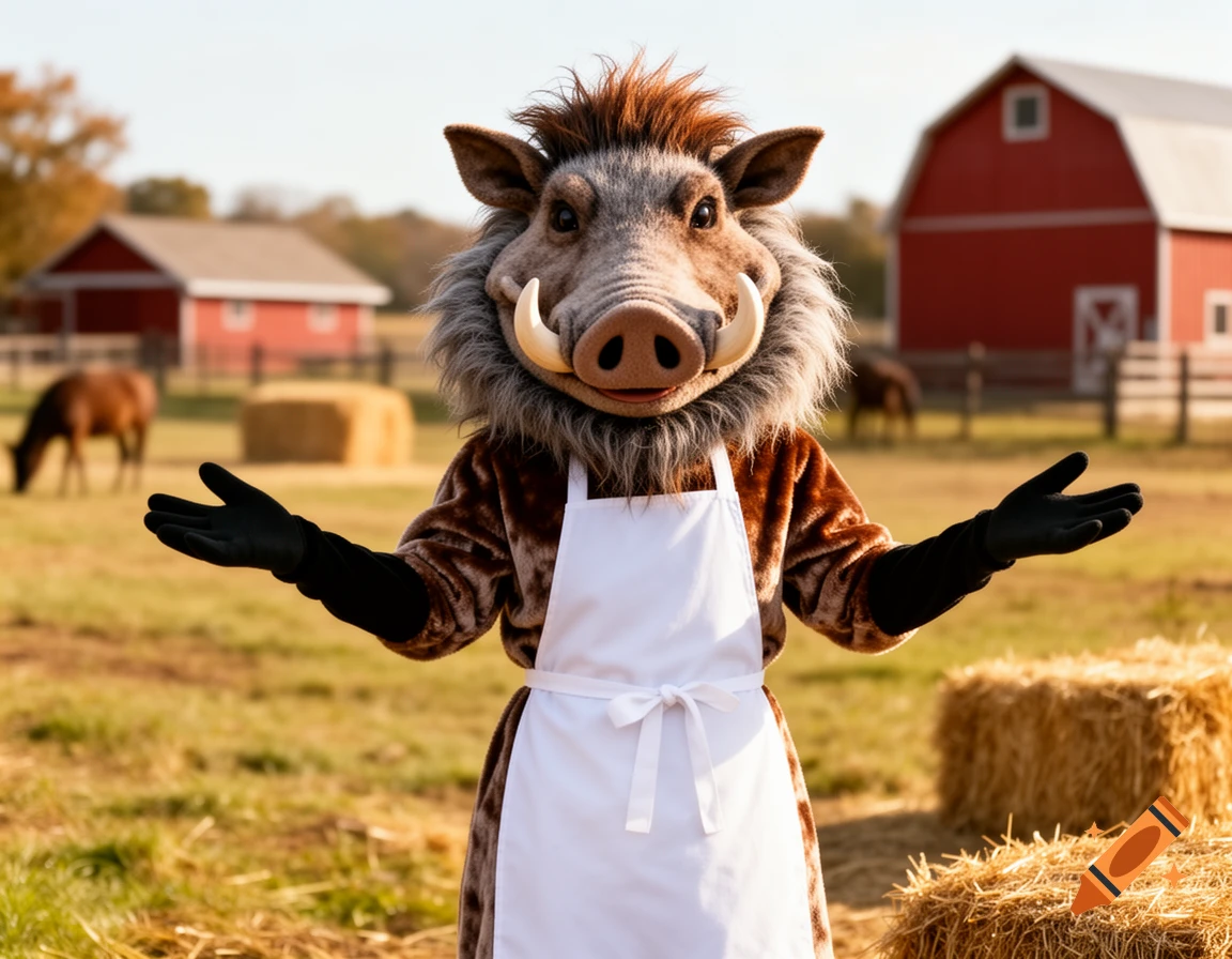 A friendly warthog mascot in a white apron and black gloves stands in a sunny farm field with red barns and hay bales.