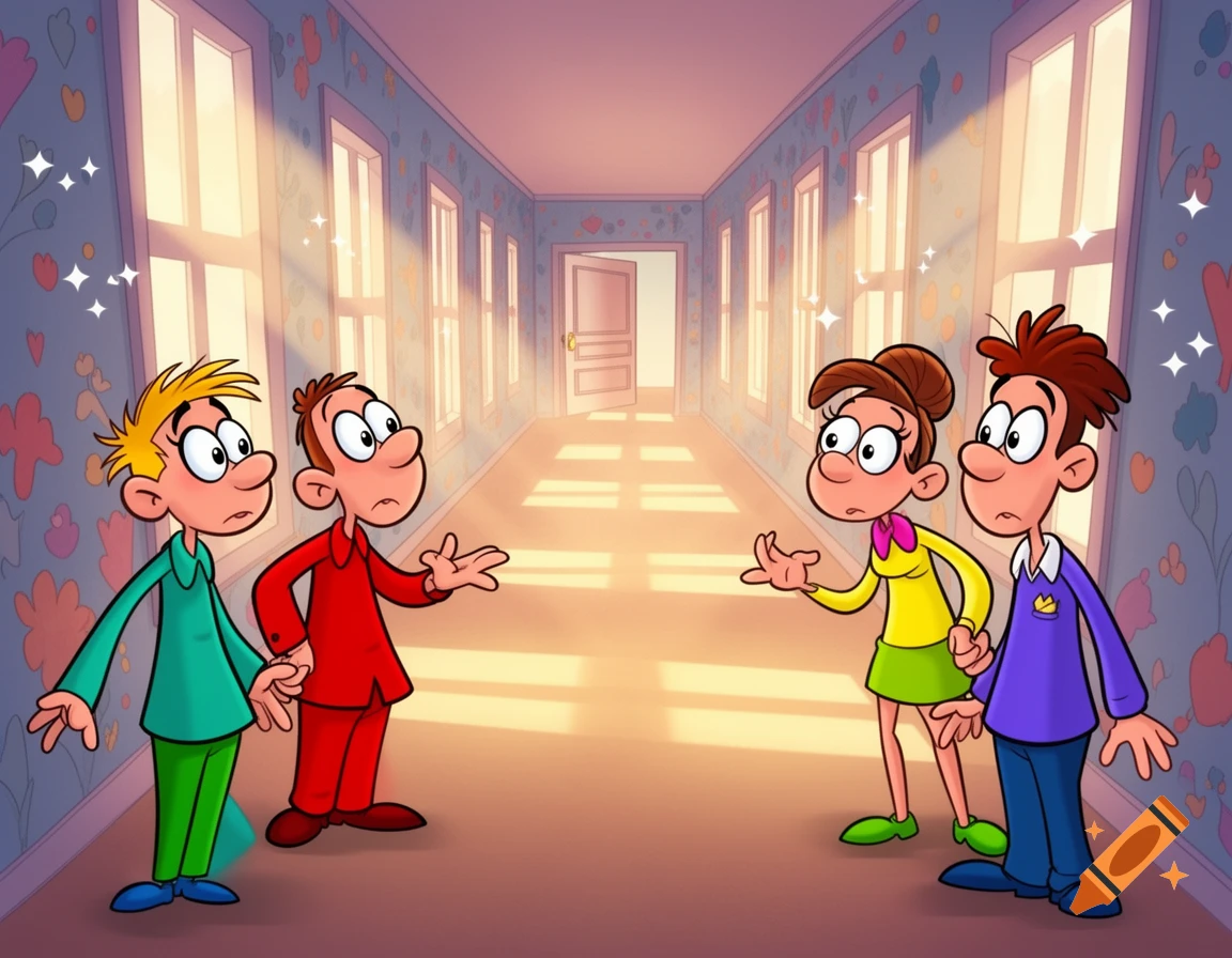 Four surprised cartoon characters, two boys and two girls, stand in a brightly lit hallway with patterned wallpaper.