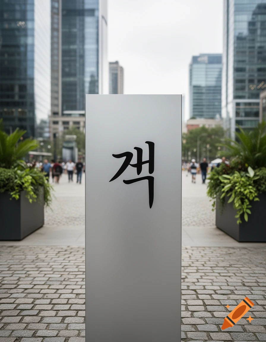 A grey sign with black Korean characters '객' stands in an urban setting with blurred modern buildings and people in the background.