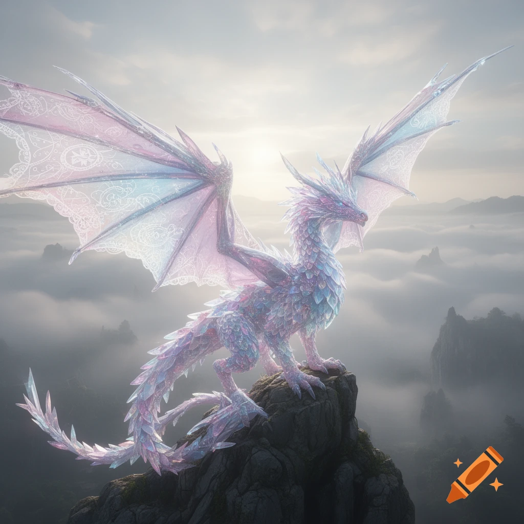 A pastel-colored crystal dragon with large, translucent wings sits atop a rocky peak amidst clouds, bathed in sunlight.