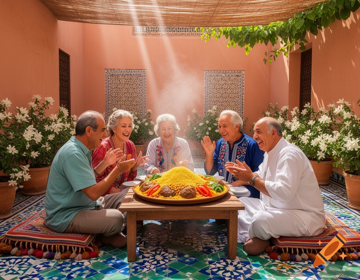 Five older adults laugh while sitting on floor cushions around a large platter of couscous in a sunlit North African courtyard.