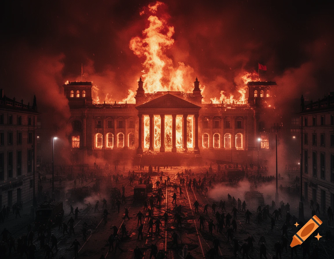 A large, classical building, resembling the Reichstag, ablaze at night with a chaotic crowd of shadowy figures in the street.