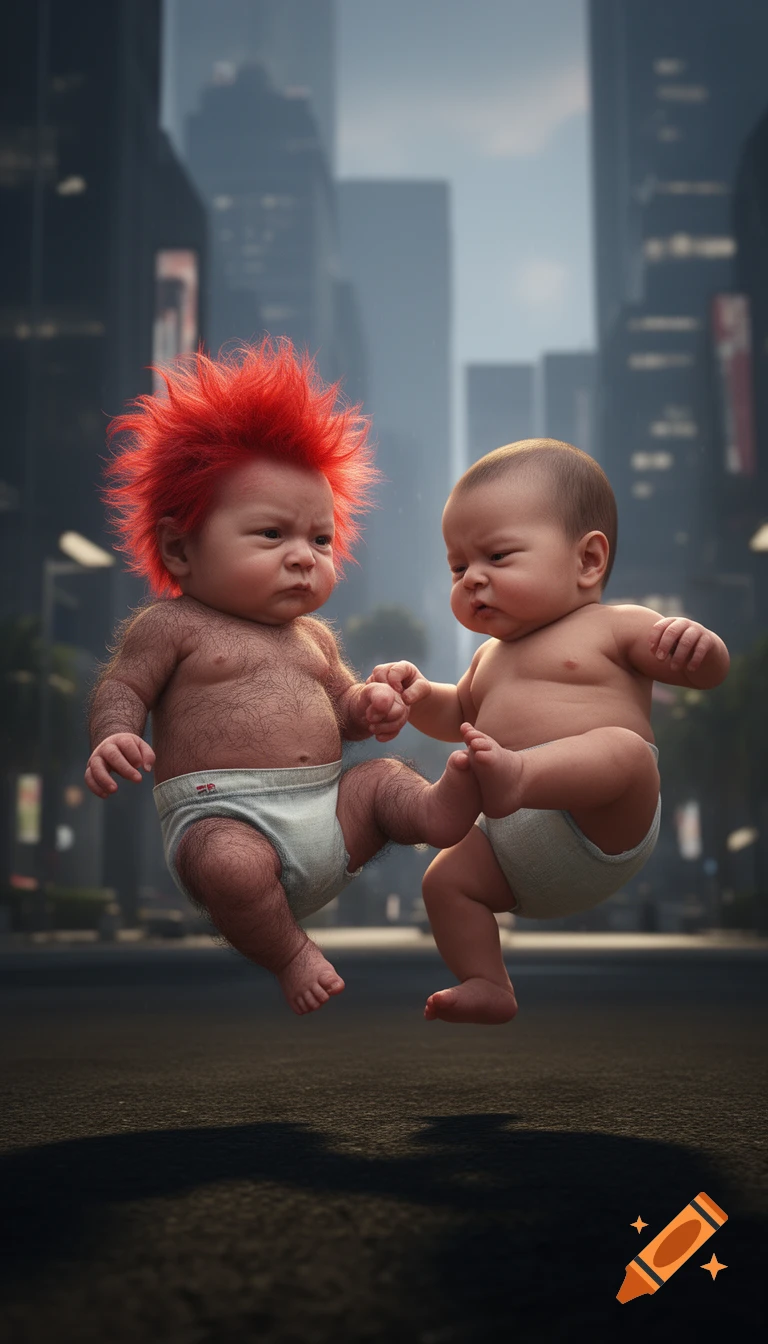 Two hyperrealistic babies float in an urban setting. One has bright red spiky hair and a hairy body, kicking towards a bald baby.