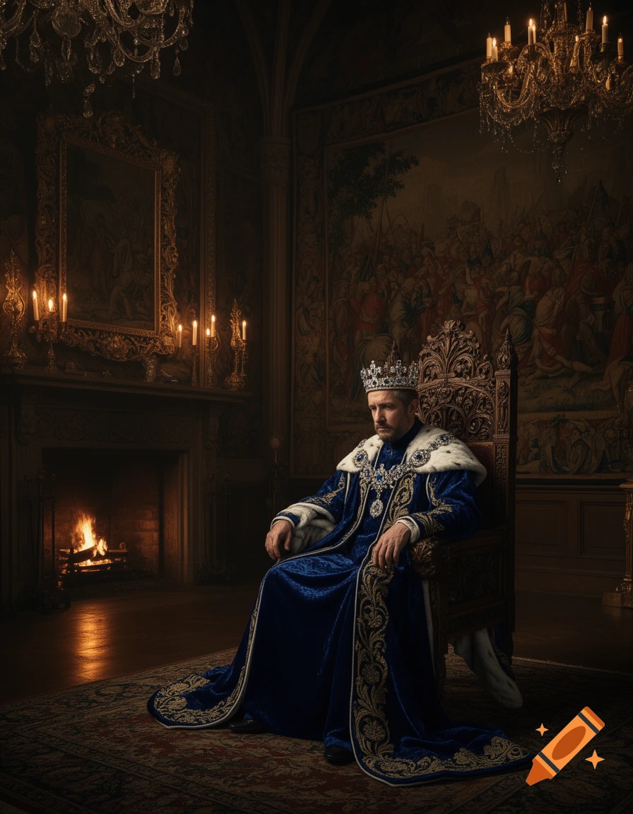 A sad king in a blue and gold robe sits on an ornate throne in a dimly lit, richly decorated castle room by a fireplace, with tapestries and chandeliers.