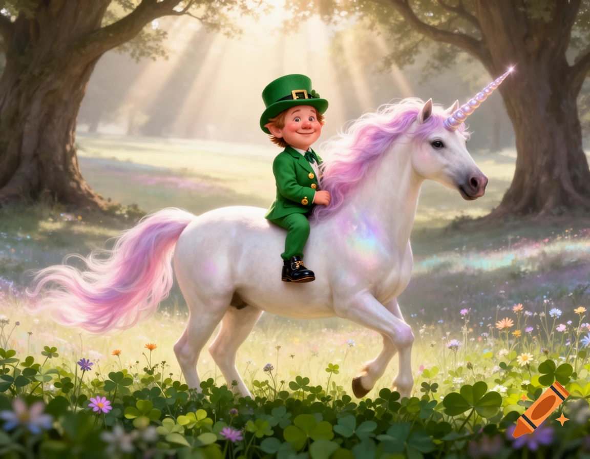 A smiling leprechaun in a green suit and top hat rides a white unicorn with a pink mane and tail through a sunlit forest filled with clover.