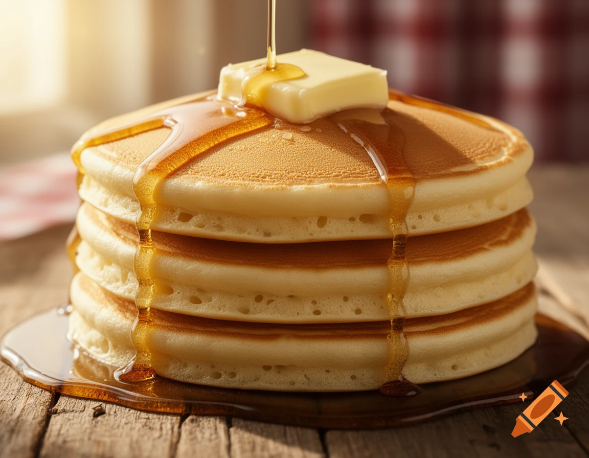 A stack of golden pancakes topped with a pat of butter, generously drizzled with maple syrup, on a rustic wooden table.