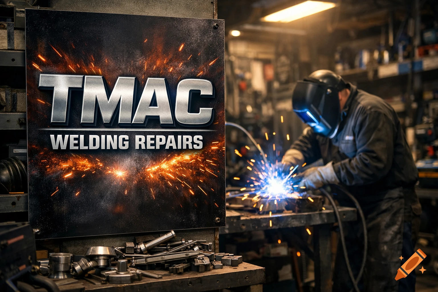 Photorealistic image of a welder working in a workshop with a sign for 'TMAC Welding Repairs' displaying sparks.