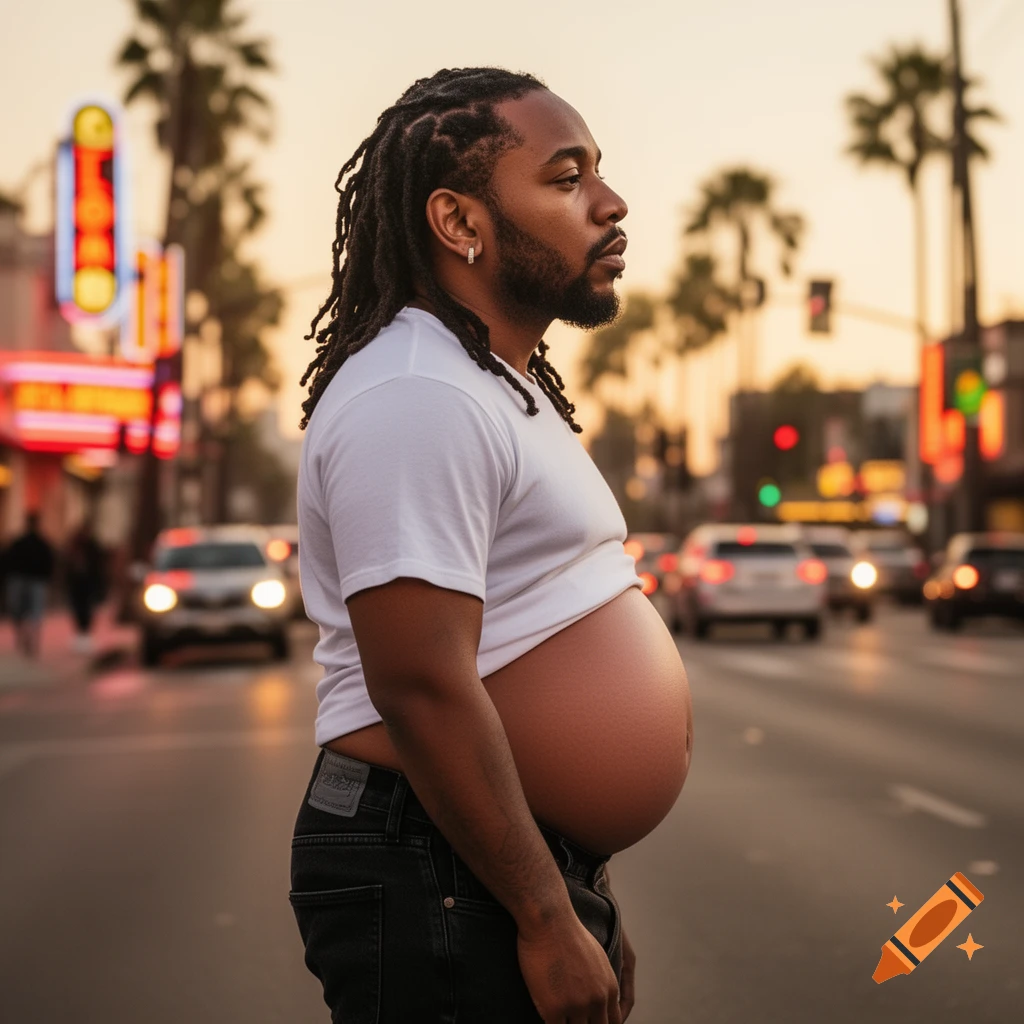 A man with dreadlocks and a pregnant belly stands on a city street at dusk, cars and neon signs in the blurred background.