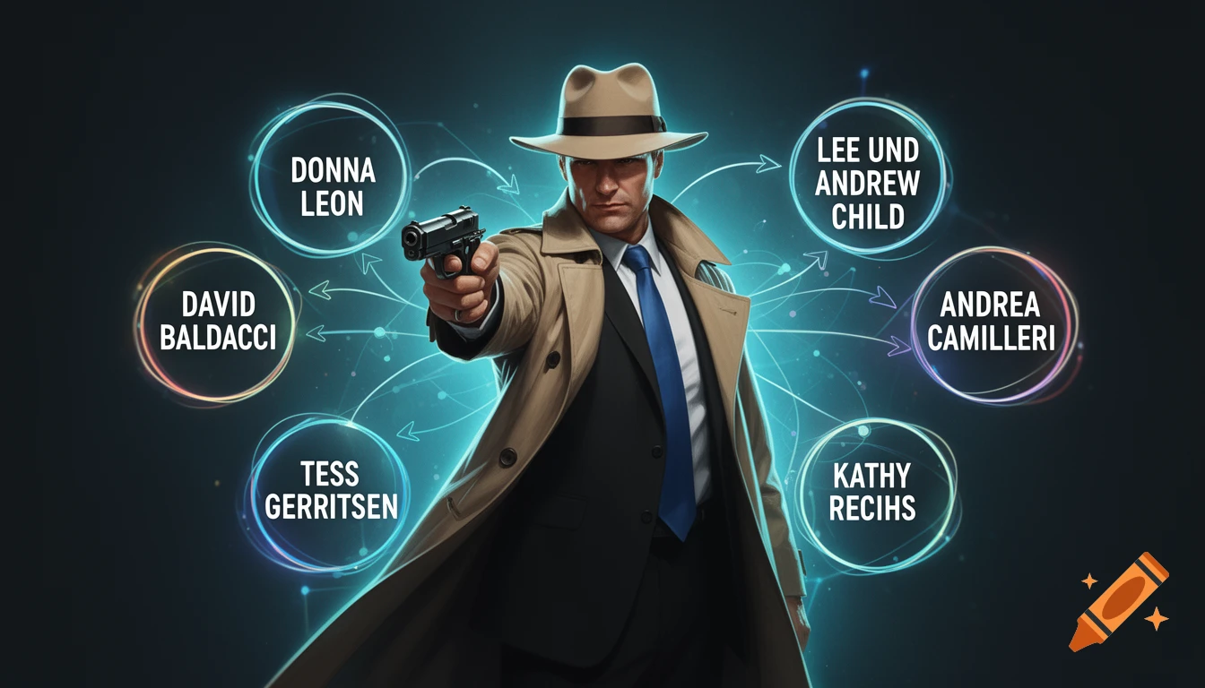 A confident, fedora-wearing man in a trench coat holds a pistol, surrounded by six glowing circles with names of crime authors, connected by a network of blue lines. Digital illustration.