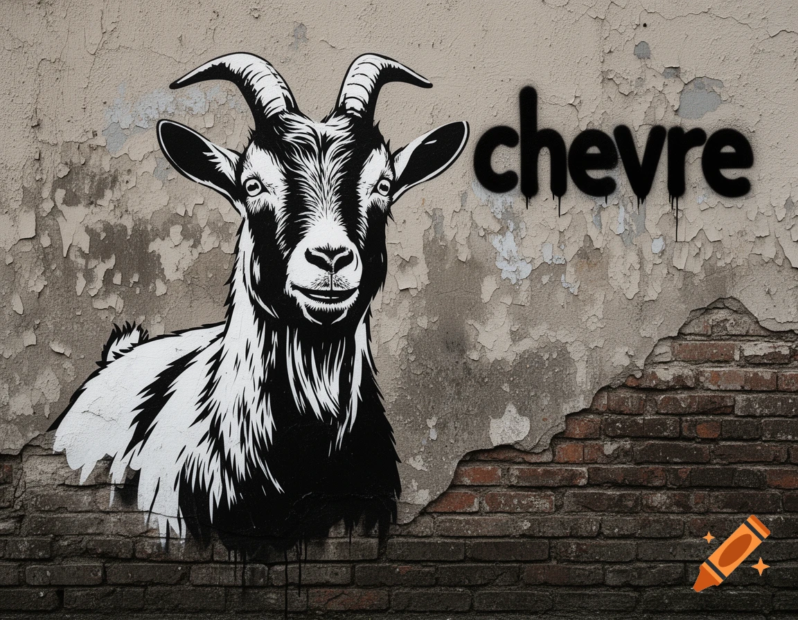 Black and white stencil graffiti of a goat's head and chest on a cracked wall with the word 'chevre' spray-painted next to it.