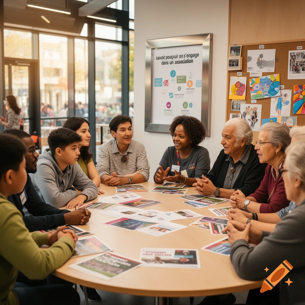 A diverse group of adults and children sit around a table, engaged in a discussion or meeting with papers spread out, in a bright room.