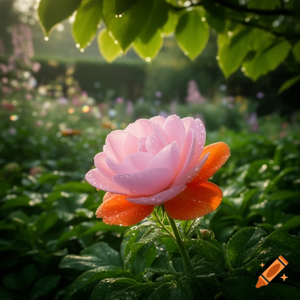 A close-up, photorealistic view of a vibrant pink and orange flower covered in dewdrops, with sunlight filtering through lush green foliage in a garden.