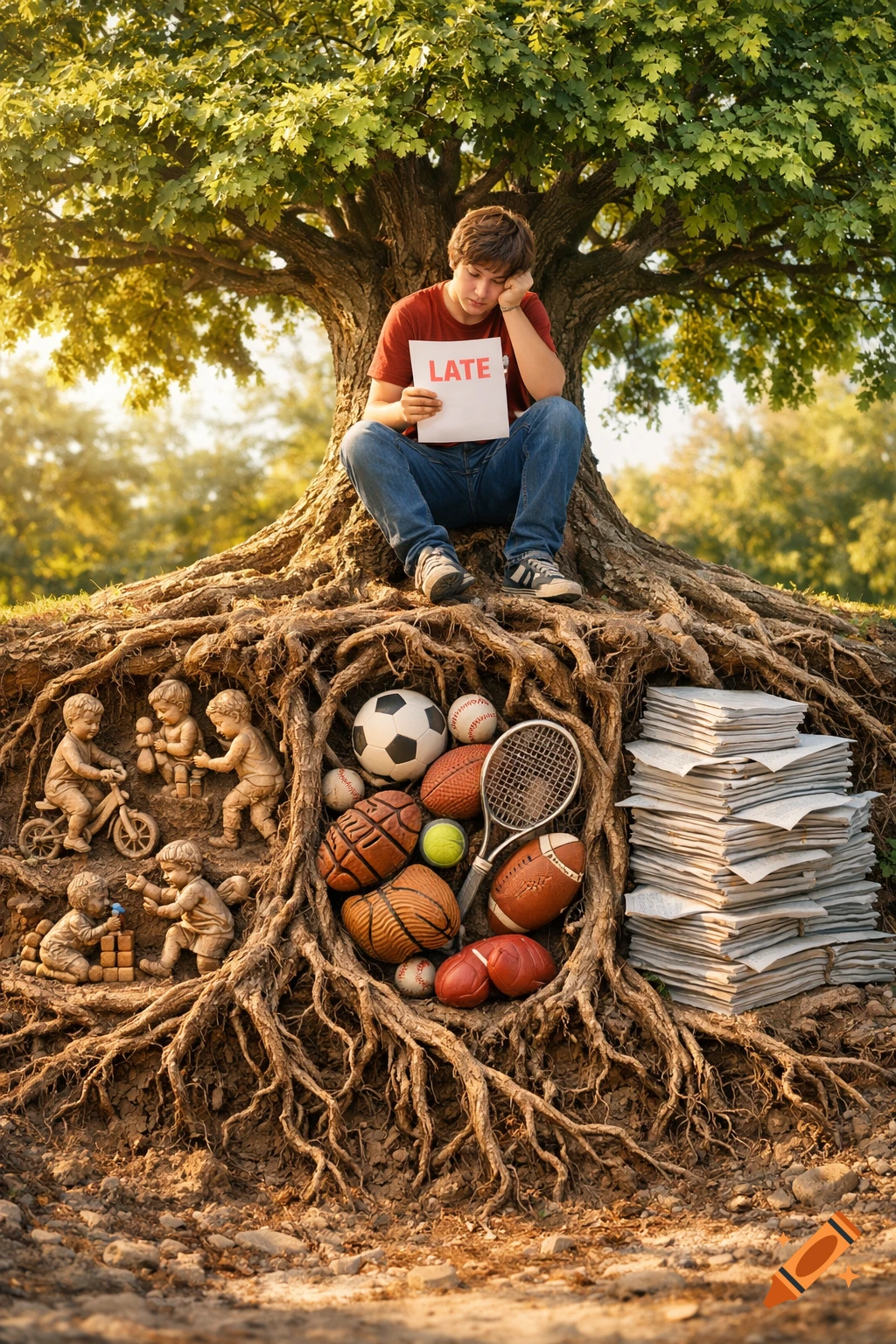 A young man sits on a tree's exposed roots, holding a paper with the word 'LATE'. The roots below depict carvings of toddlers playing, sports equipment, and stacks of paperwork.