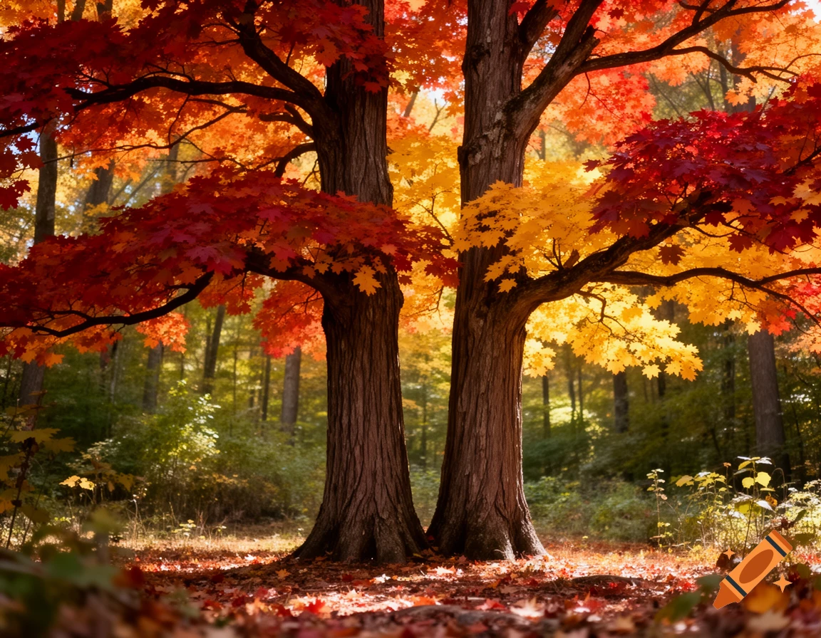 Two large trees with vibrant red, orange, and yellow autumn leaves stand in a sunlit forest, with fallen leaves on the ground.