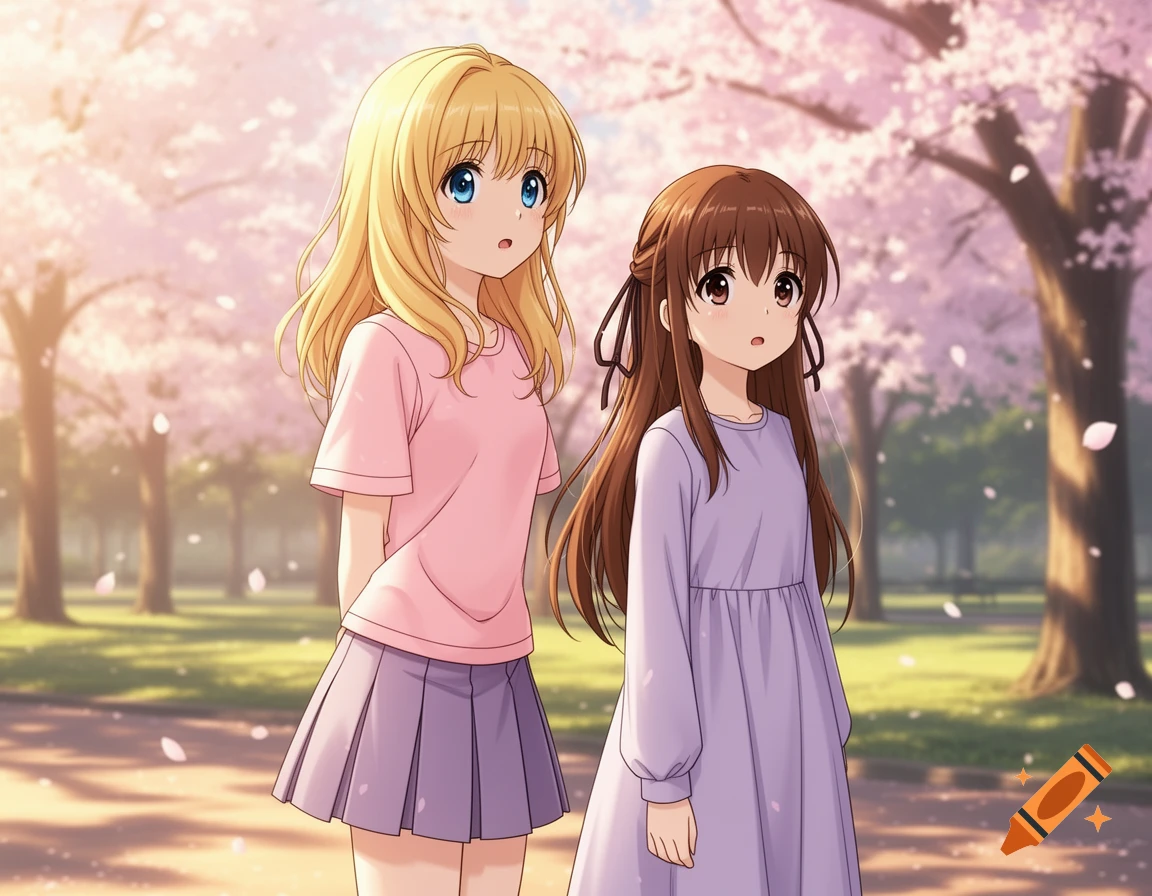 Two anime girls, one blonde and one brunette, stand in a sunlit park filled with pink cherry blossom trees.
