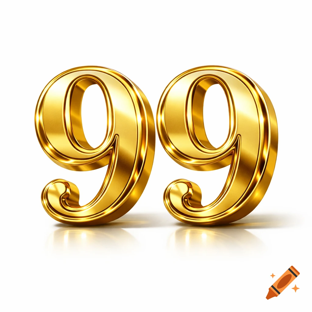 Two shiny golden 3D numbers '99' on a white background with a reflection.