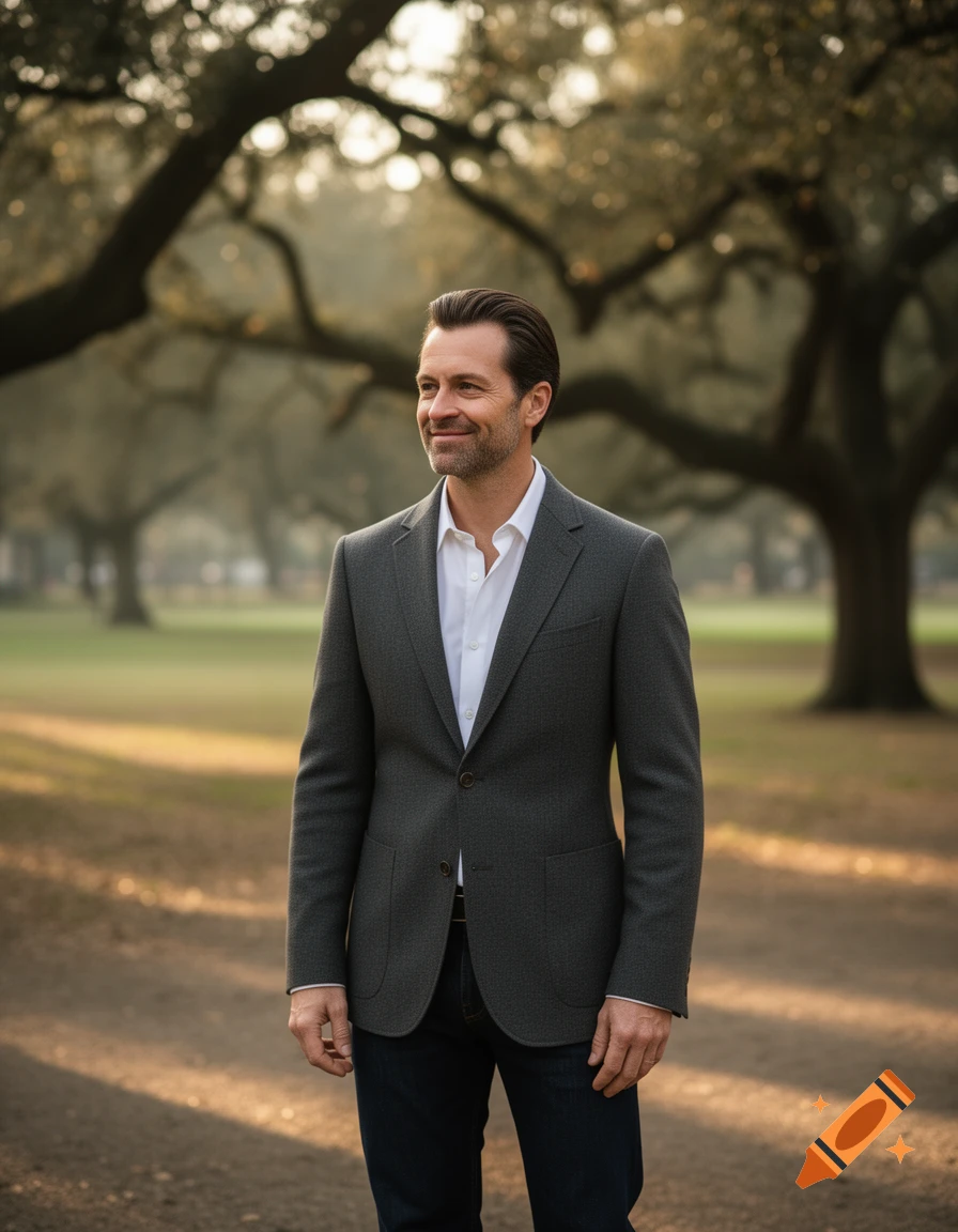 A smiling man in a grey suit jacket and dark jeans stands in a park with large trees and dappled sunlight.