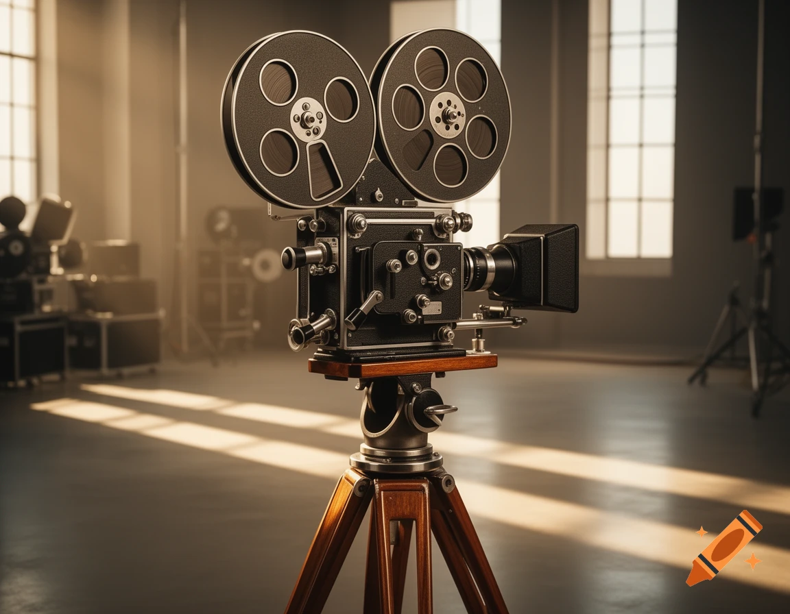 A detailed, eye-level shot of a vintage movie camera on a wooden tripod in a sunlit studio.