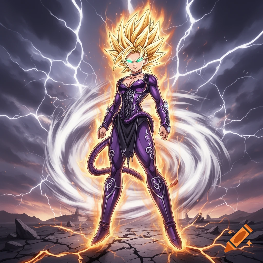 A powerful anime-style female character with spiky blonde hair, glowing eyes, and a tail, in a purple outfit, surrounded by golden energy and lightning against a stormy sky.