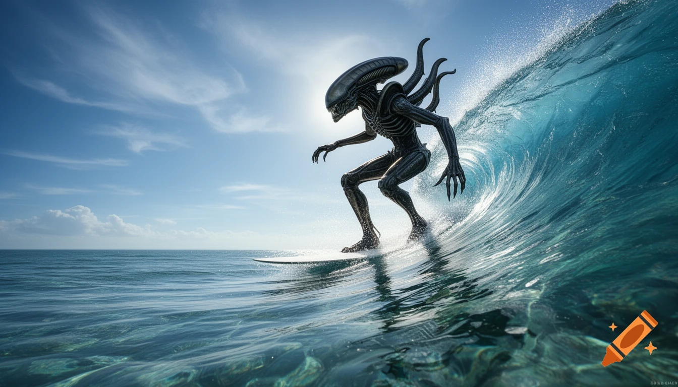 Photorealistic xenomorph alien surfing a large ocean wave under a bright sky.