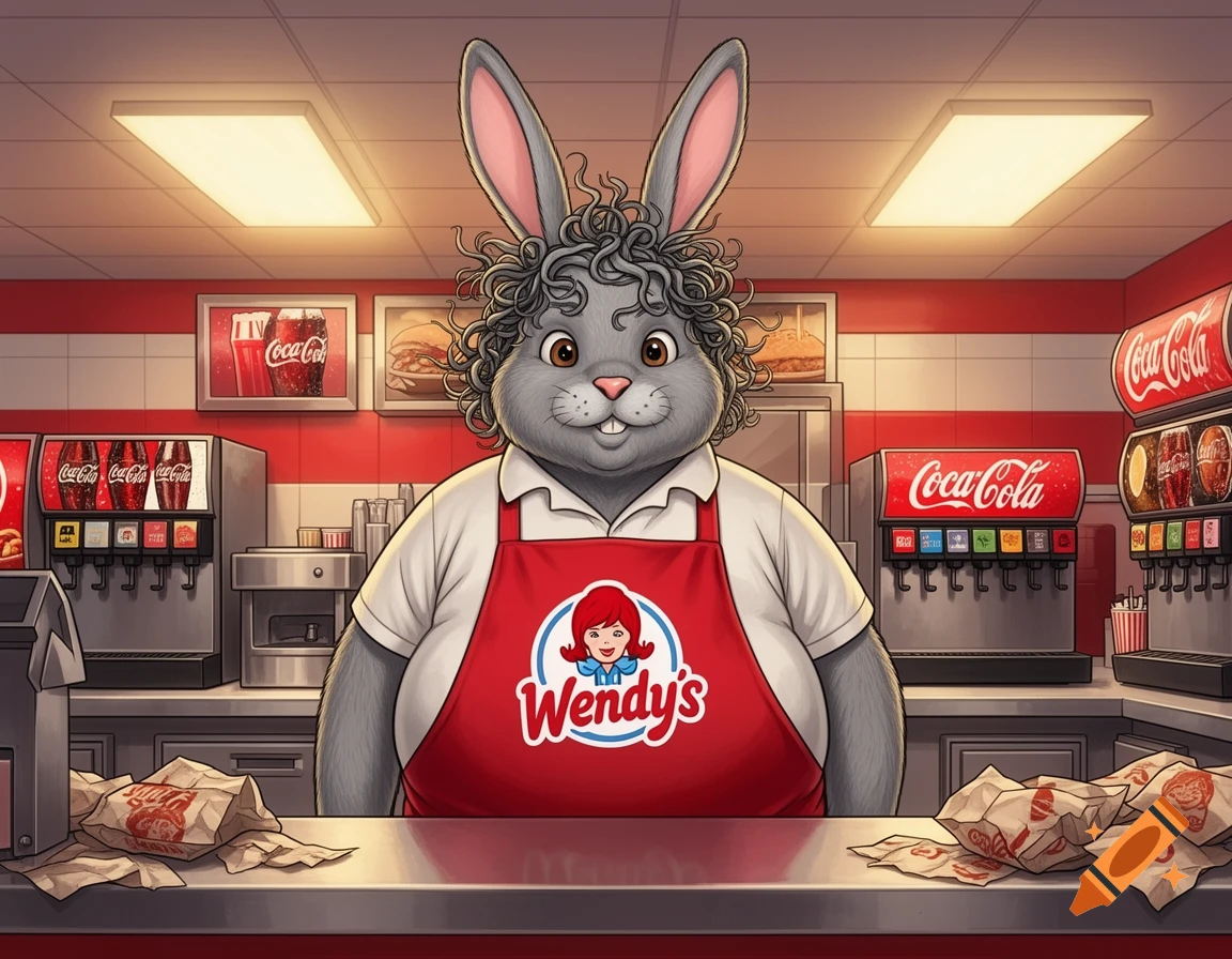 A gray bunny with curly hair and a red Wendy's apron stands behind a fast-food counter, flanked by Coca-Cola soda machines.