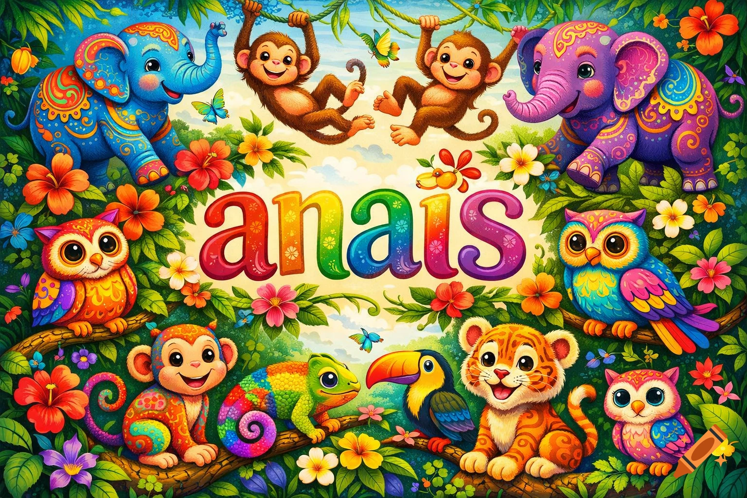 Vibrant cartoon jungle scene featuring the name 'ANAIS' in rainbow letters, surrounded by smiling animals like elephants, monkeys, owls, a chameleon, toucan, and tiger cub.
