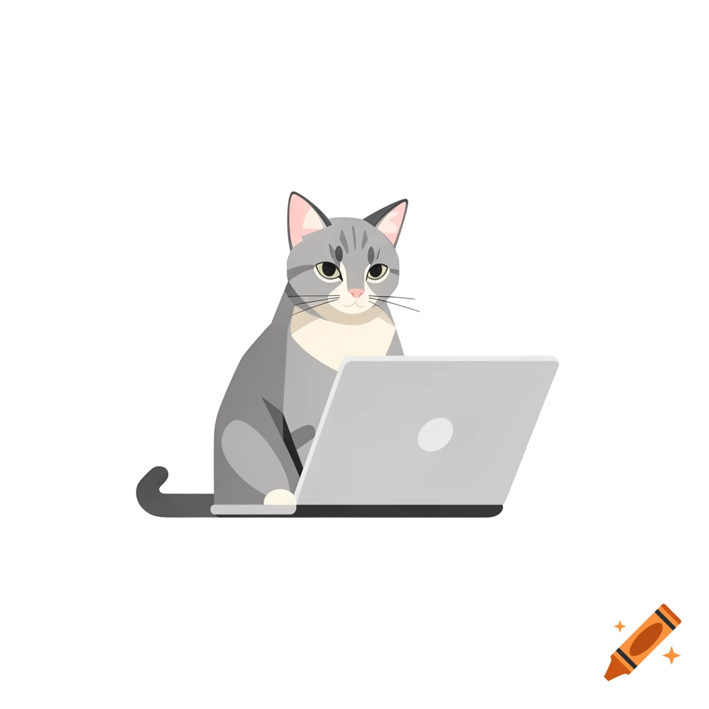A gray and white cartoon cat sits in front of a silver laptop on a white background, in a flat illustration style.
