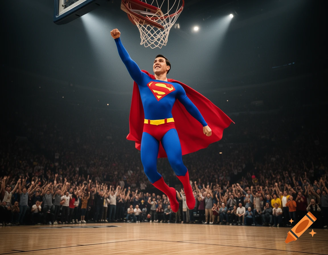 Superman in a blue and red suit with a red cape flies towards a basketball hoop in a brightly lit stadium, with a cheering crowd in the background.