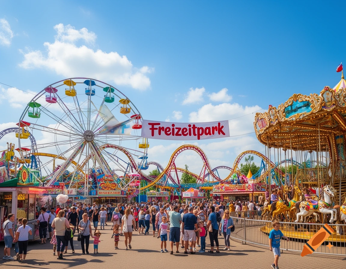 A crowded amusement park with a colorful Ferris wheel, rollercoasters, a carousel, and people enjoying the rides under a clear sky.