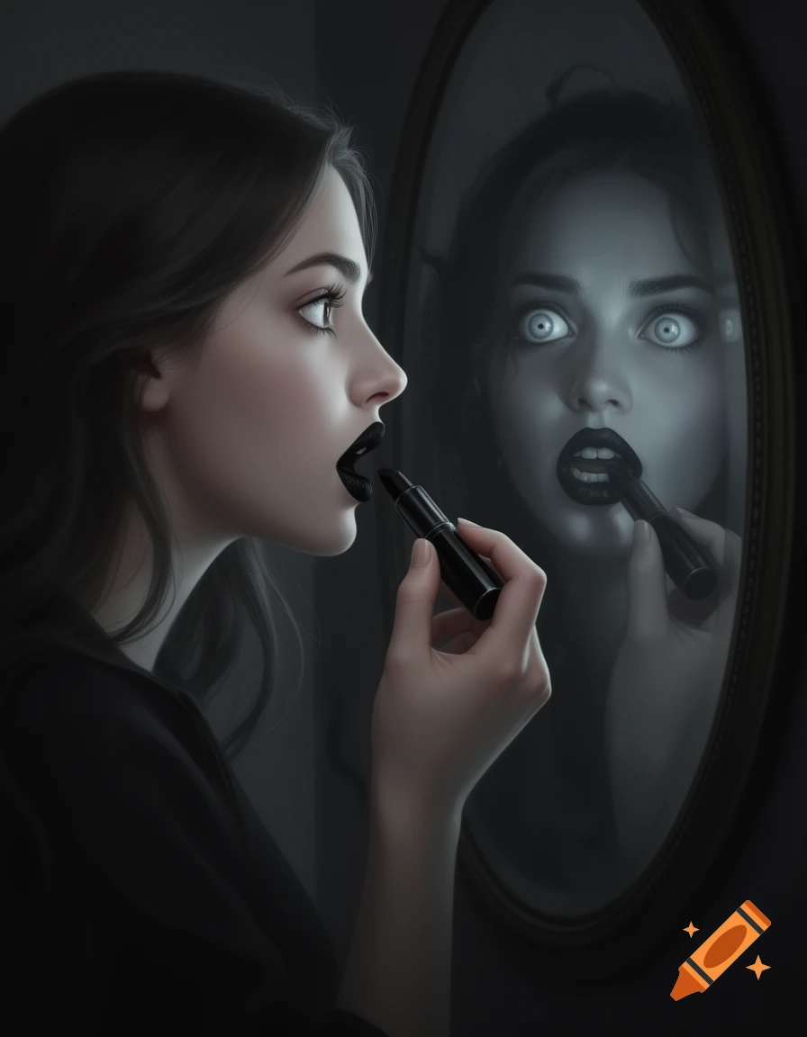 A young woman applies black lipstick, gazing at her reflection in a mirror, which appears as a ghoulish figure with wide white eyes.