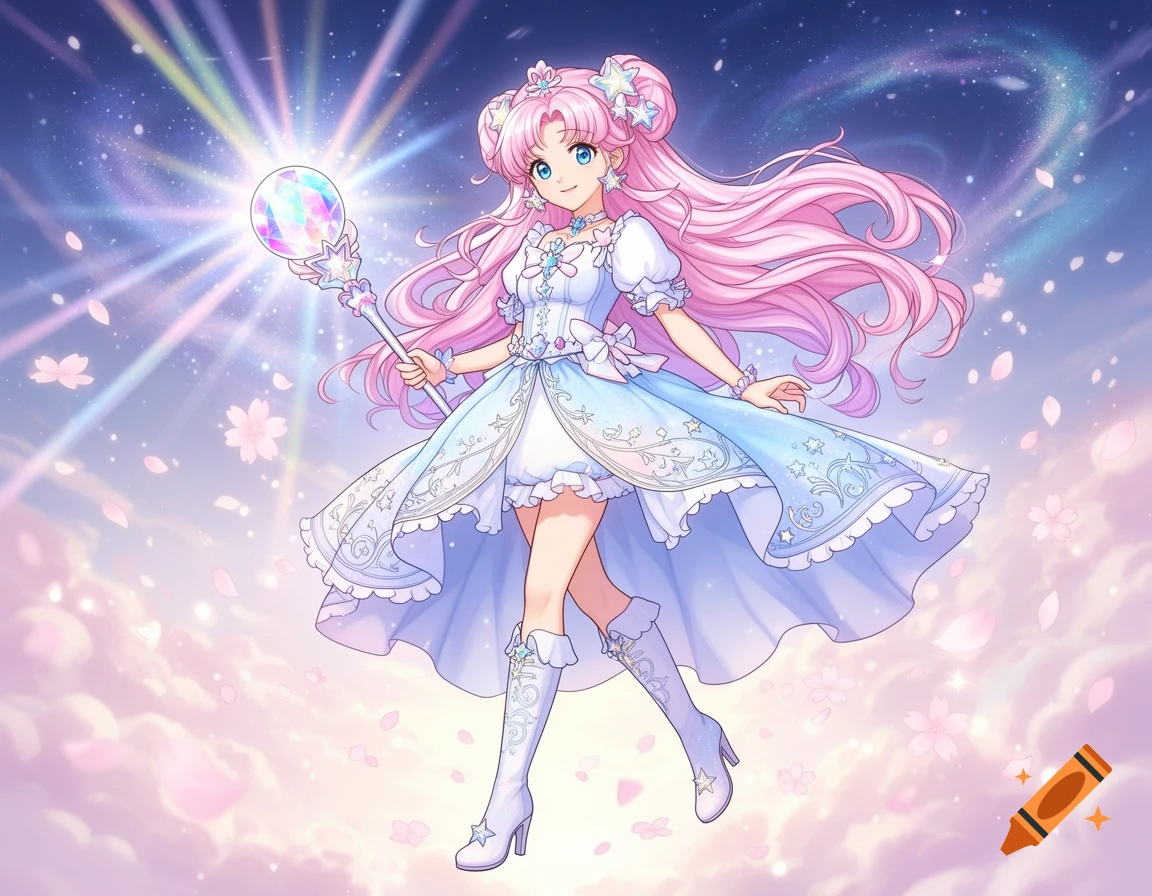 An anime magical girl with pink hair, a blue and white dress, holding a glowing crystal staff, floating in a starry, pastel sky with cherry blossoms.
