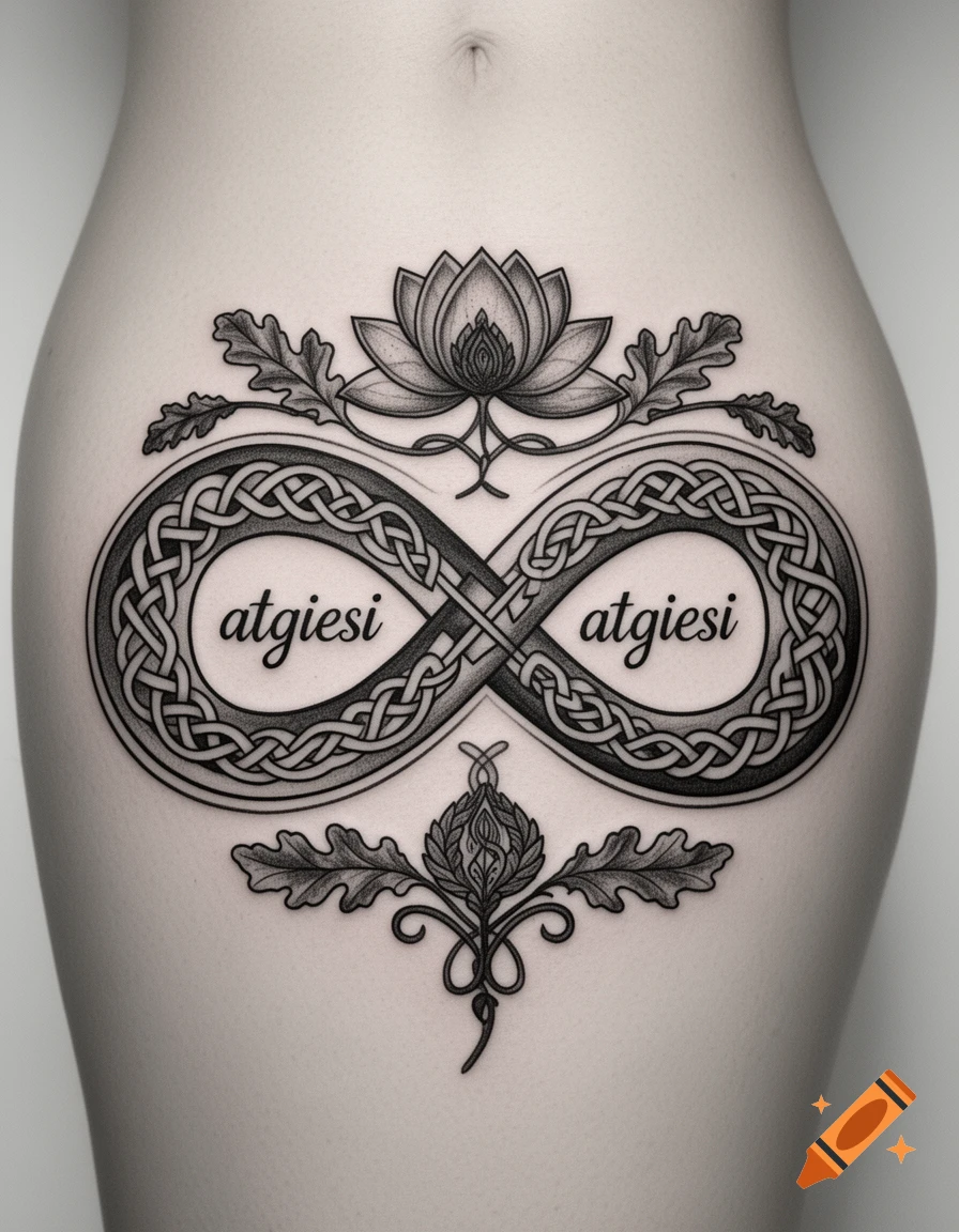 A black and white tattoo on an abdomen features an infinity symbol with Celtic knots, a lotus flower, and oak leaves, containing the text "atgiesi" twice.