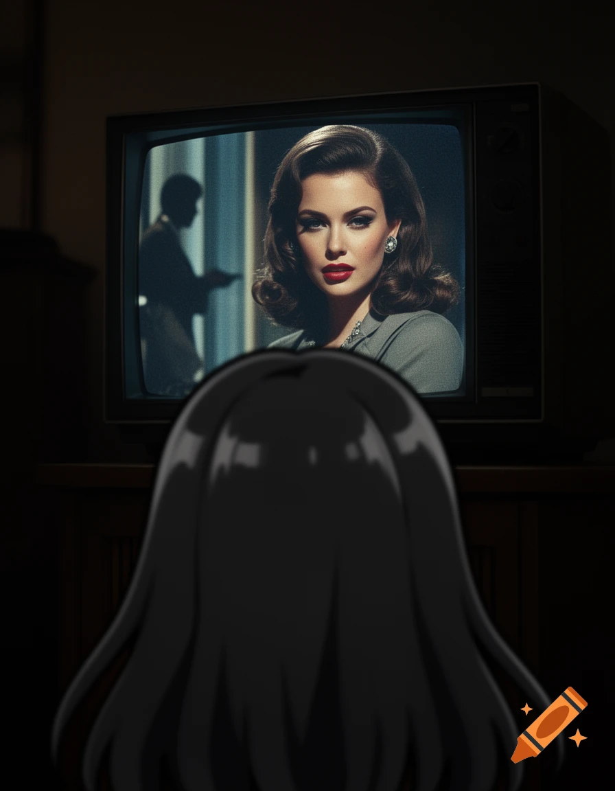 A cartoon character with long black hair watches a CRT TV displaying a realistic film noir scene with a woman in formal attire.