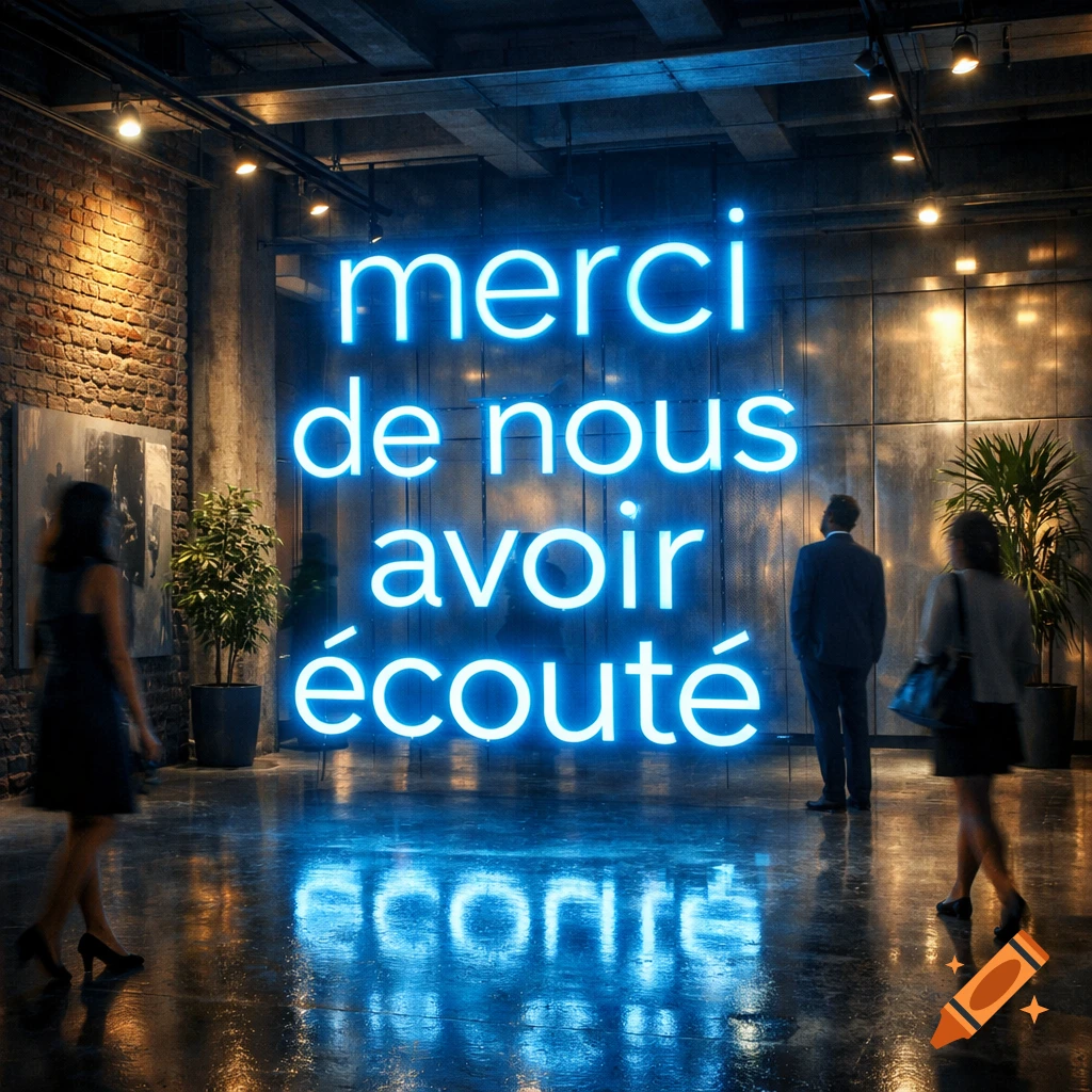 A photorealistic image of a modern gallery with a large blue neon sign that says 'merci de nous avoir écouté' on a metallic wall.