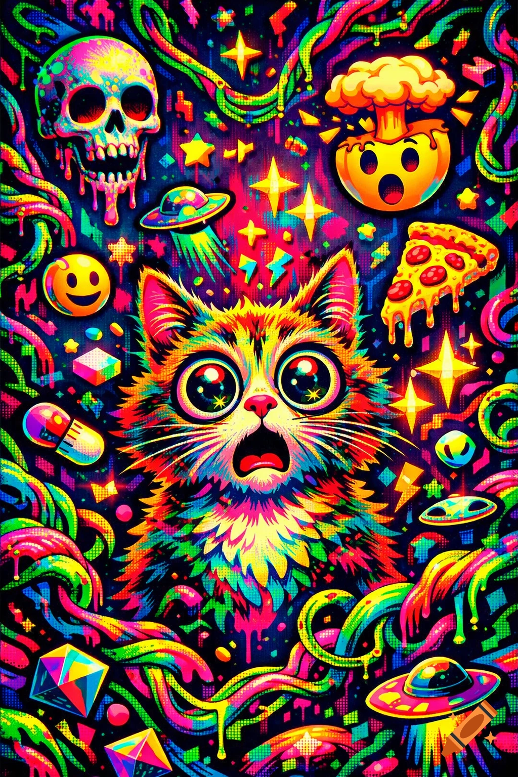 A psychedelic, neon-colored cartoon scene featuring a wide-eyed, shocked cat surrounded by floating emojis, stars, a skull, pizza, and geometric shapes, with a glitch effect.