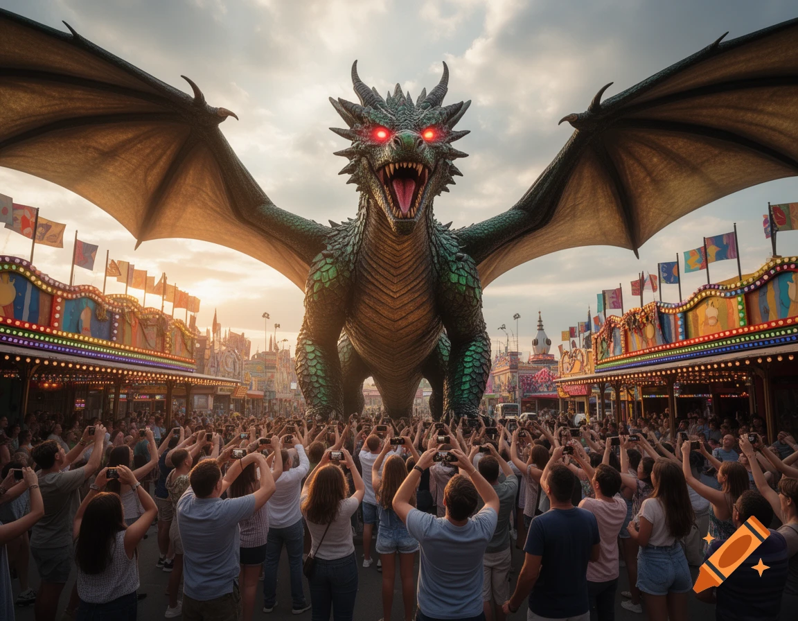 A giant green dragon animatronic with glowing red eyes roars amidst a crowded fairground, as people hold up phones to take pictures.