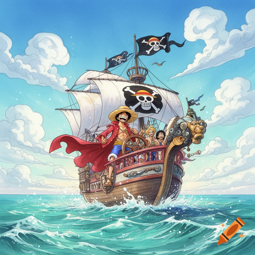 Monkey D. Luffy and his crew joyfully sail the ocean on their pirate ship under a blue sky, in an anime style.