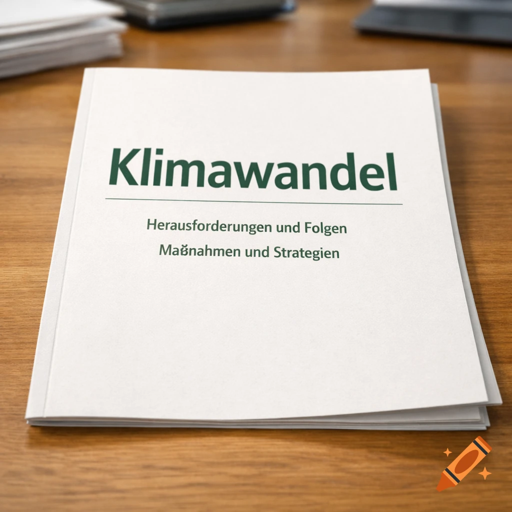 A white book titled 'Klimawandel' (Climate Change) with German subtitles, resting on a wooden desk.