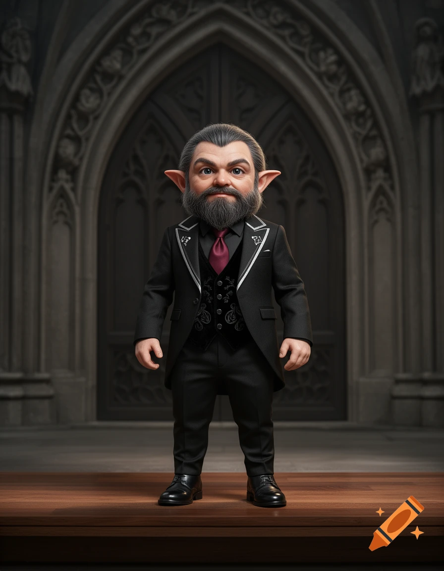 A photorealistic fantasy gnome with a beard and pointed ears wears a black suit and red tie, standing before a gothic archway.