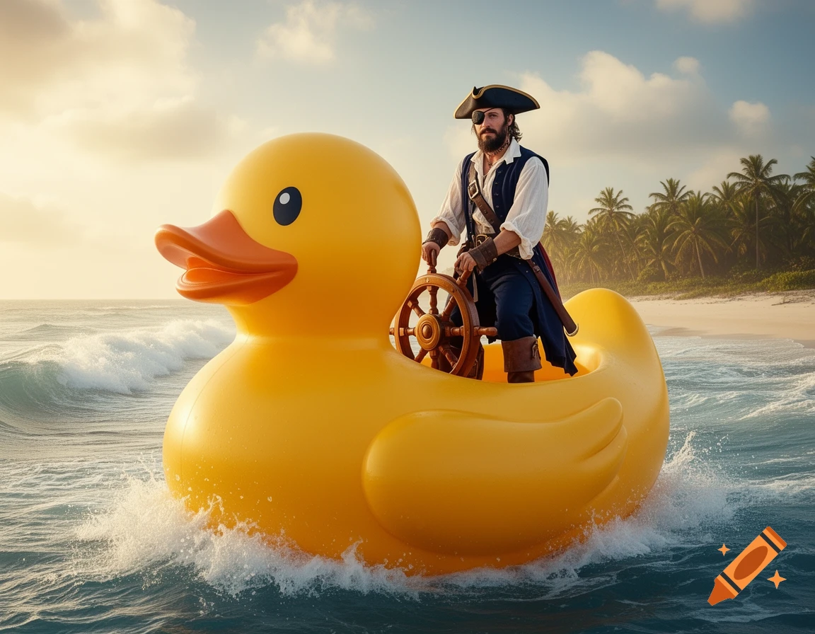 A photorealistic image of a pirate steering a giant yellow rubber duck boat on the ocean near a tropical beach.