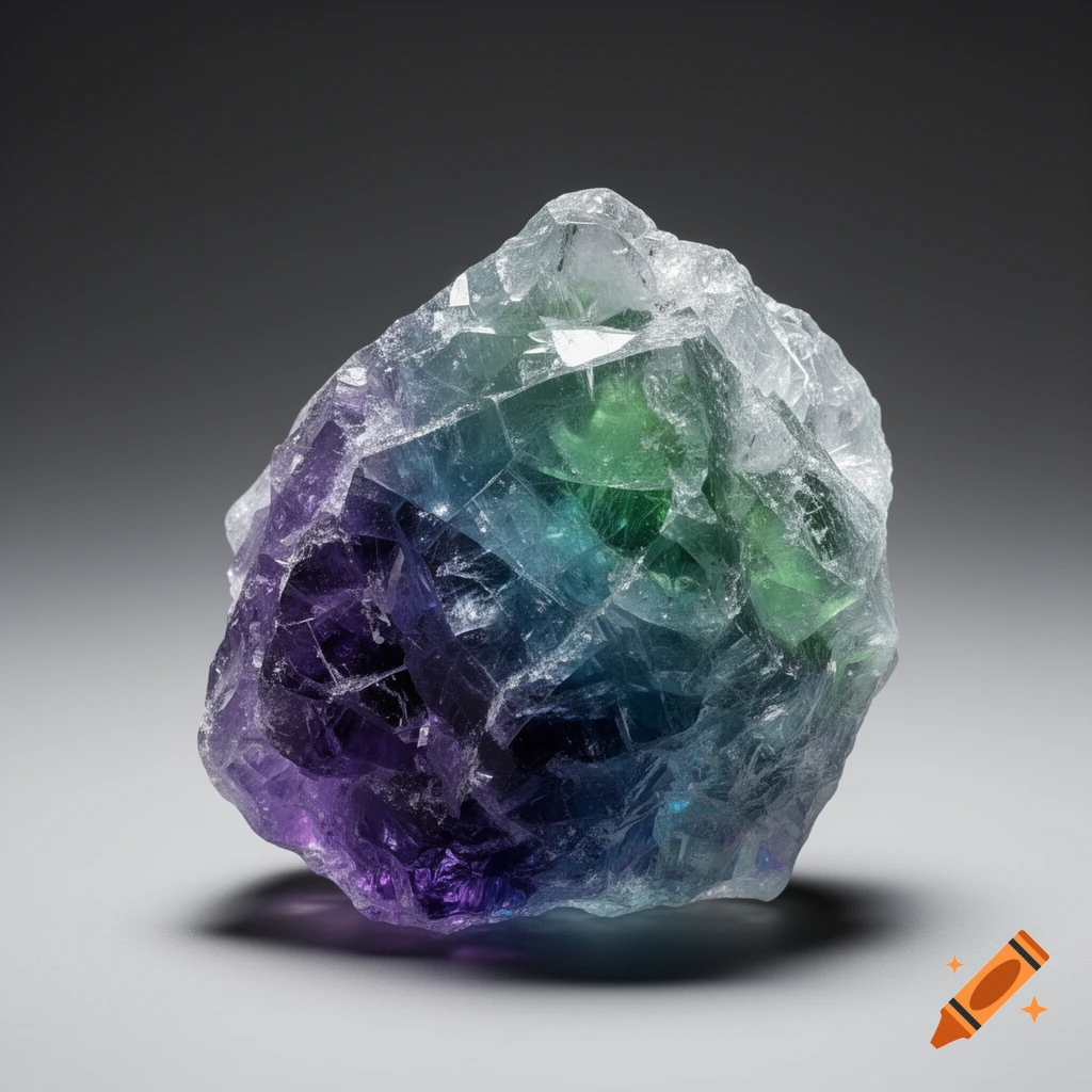 A large, raw fluorite crystal displaying vibrant purple, blue, and green translucent facets on a gray background.