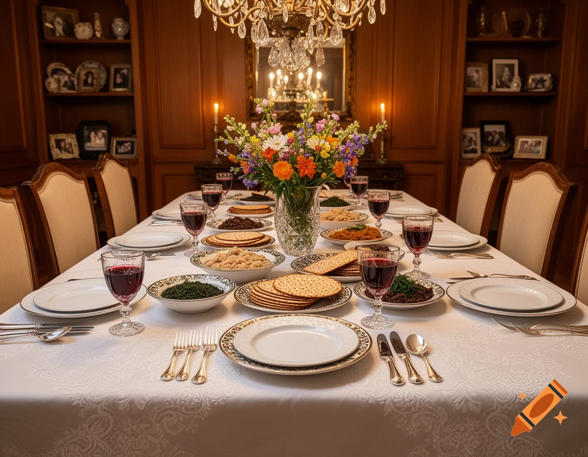 Elegant dining table set for a holiday meal with plates, red wine, various dishes including matzah, and a floral centerpiece.