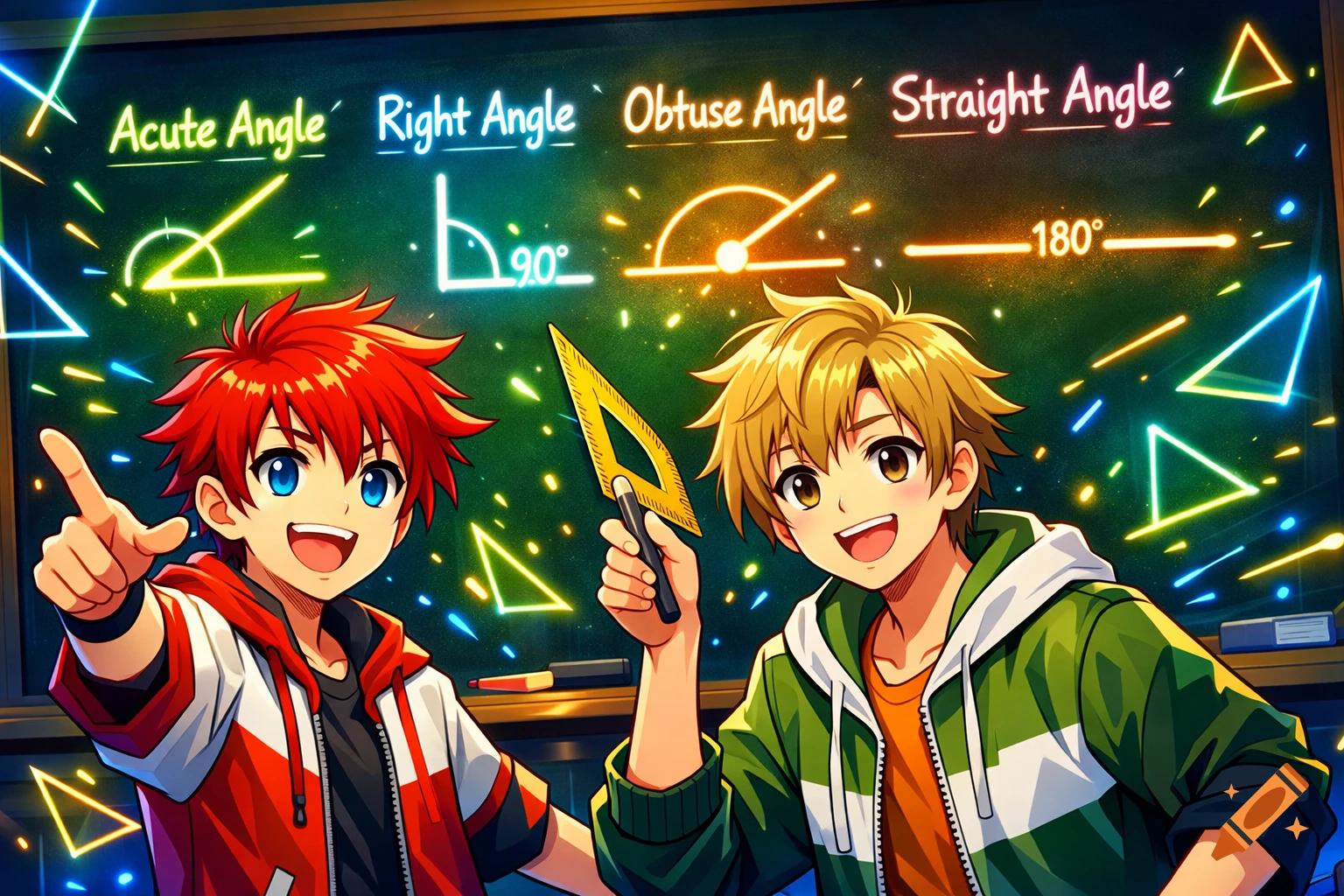 Two energetic anime students in a classroom with a glowing blackboard demonstrating different types of angles.