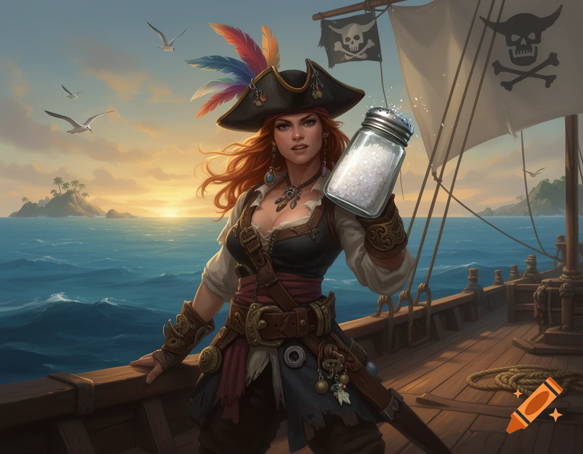 A pirate woman on a ship holds a large salt shaker at sea, with an island and sunset in the Sea of Thieves art style.