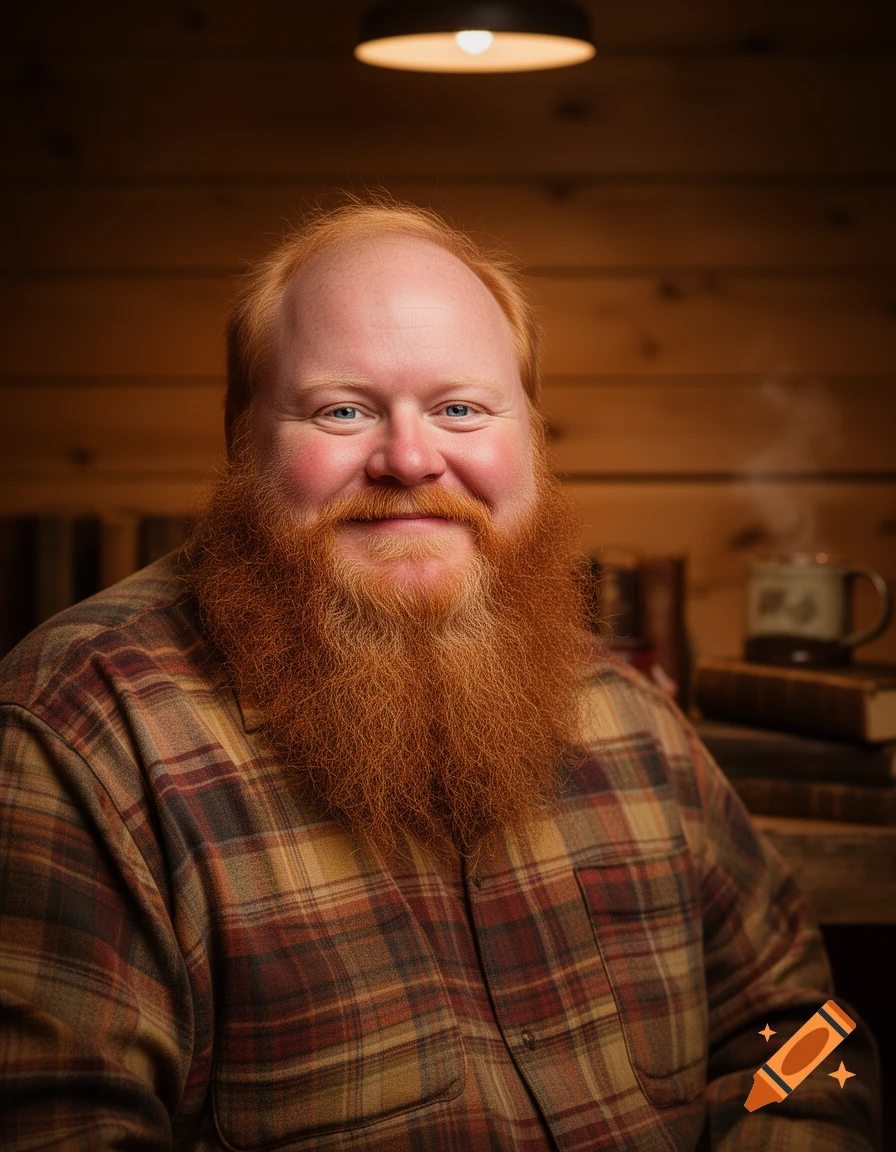 Smiling bald ginger man with a full red beard, wearing a plaid shirt in a warmly lit room with books.